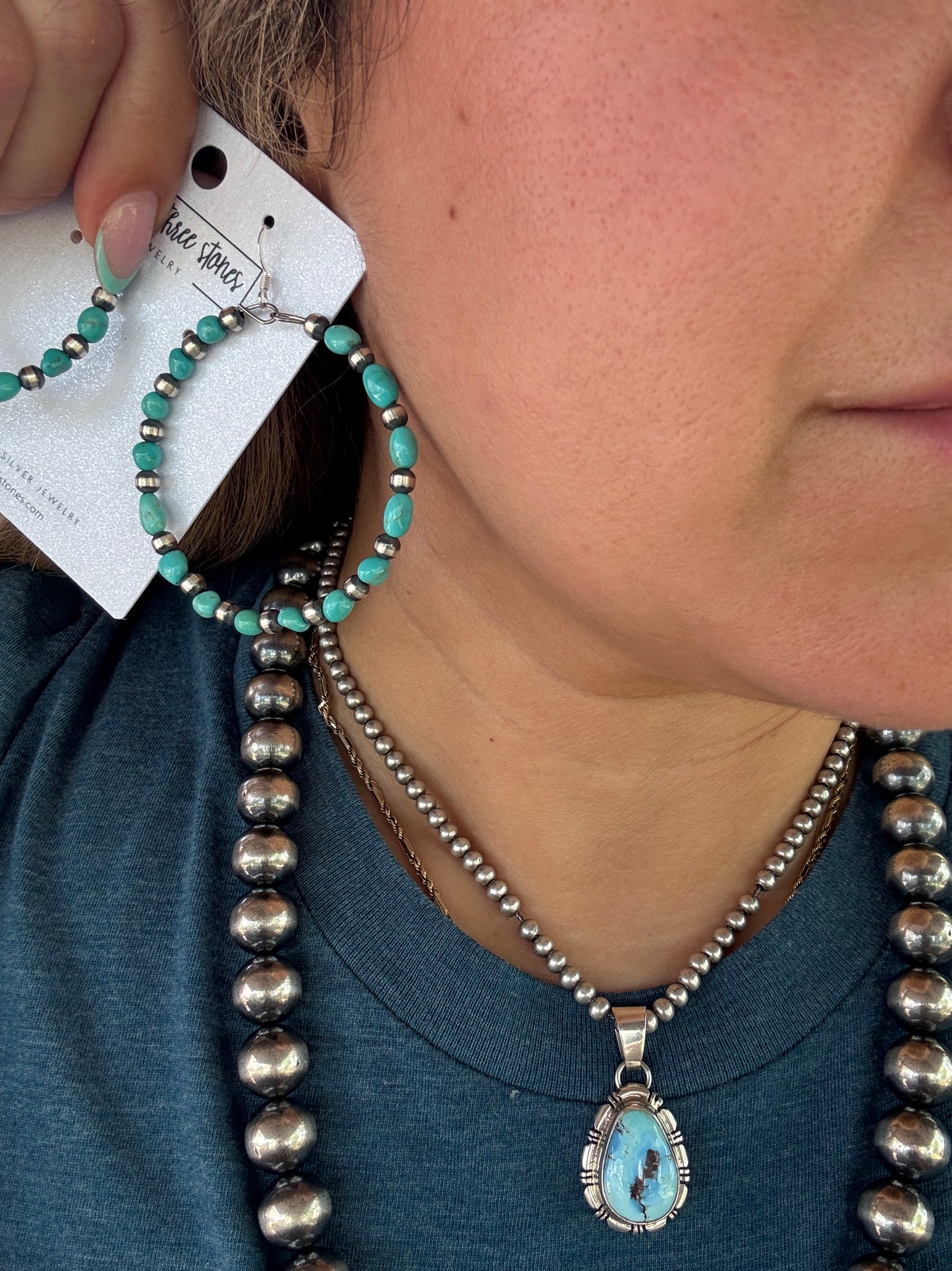 Navajo Pearl and Turquoise Hoops