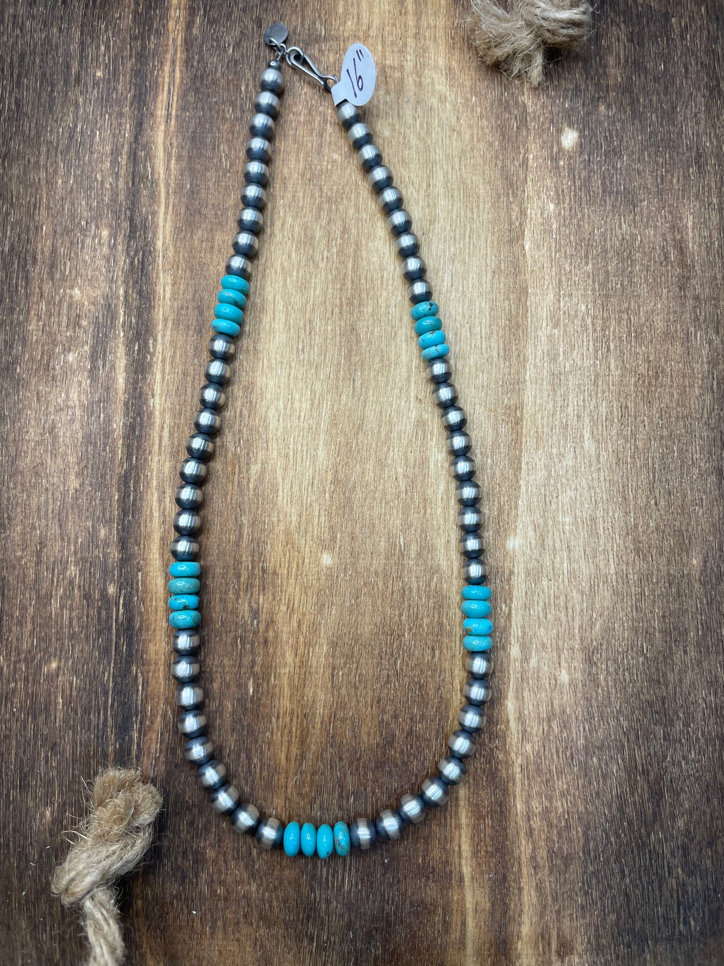 16” rondell Turquoise with 6mm Navajo Pearls Necklace