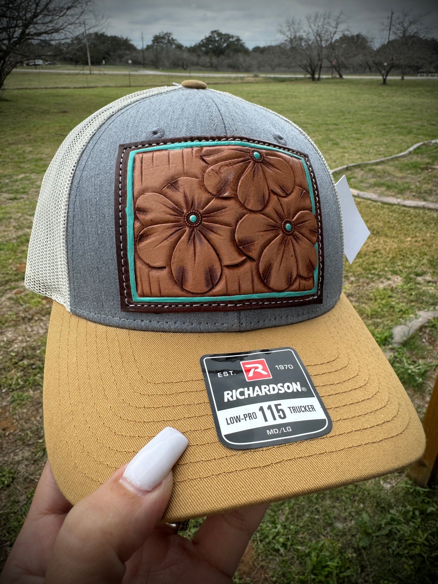 Tooled Leather Caps Adjustable back