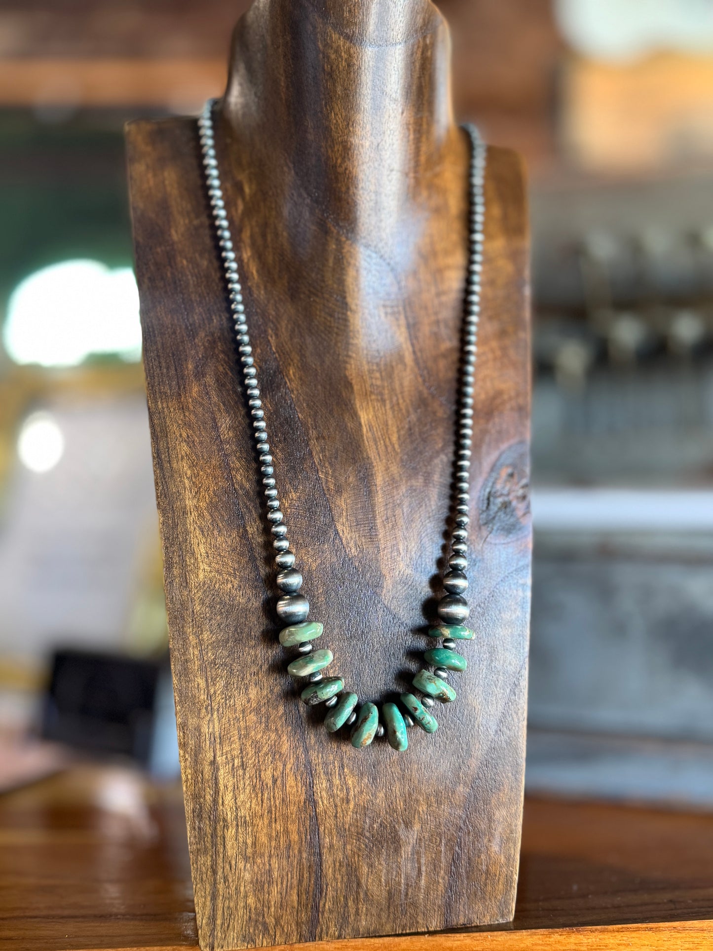 22” Navajo style Sterling Pearl Turquoise Disc Necklace