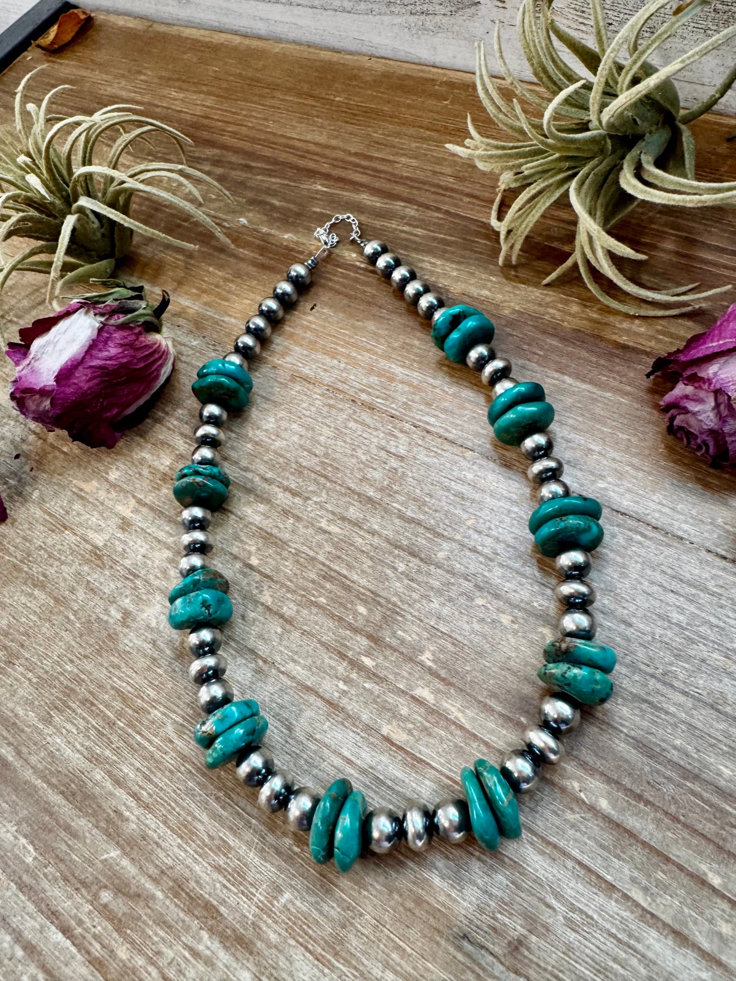 NFR Collection Necklace – 8mm & 10mm Sterling Silver Pearls with 16mm Green Turquoise Rondelle – Handmade by The Bijoux FAB – 16.5"