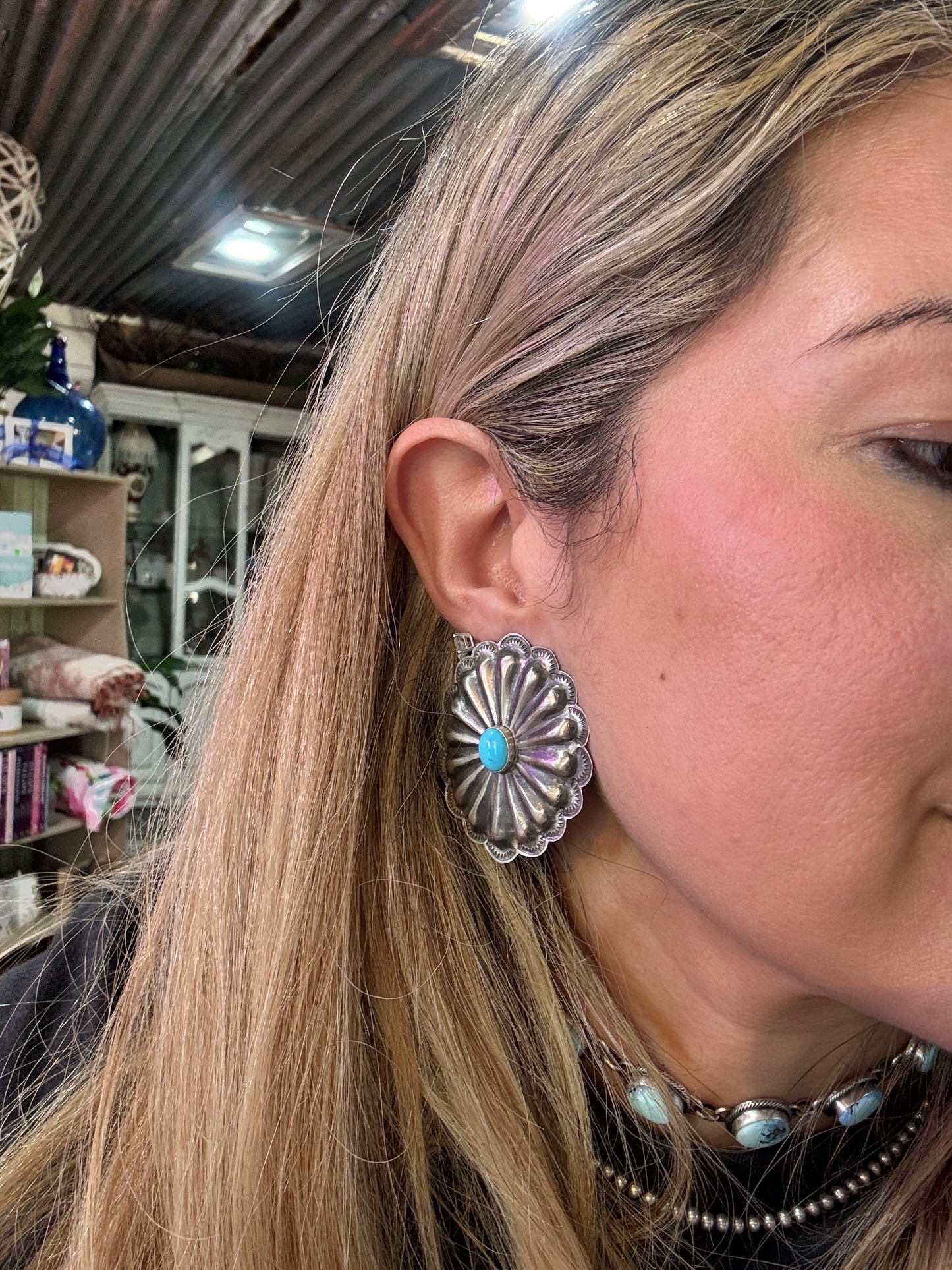 JC Navajo Hand Stamped Sterling Silver & Spiny Concho Post Earrings