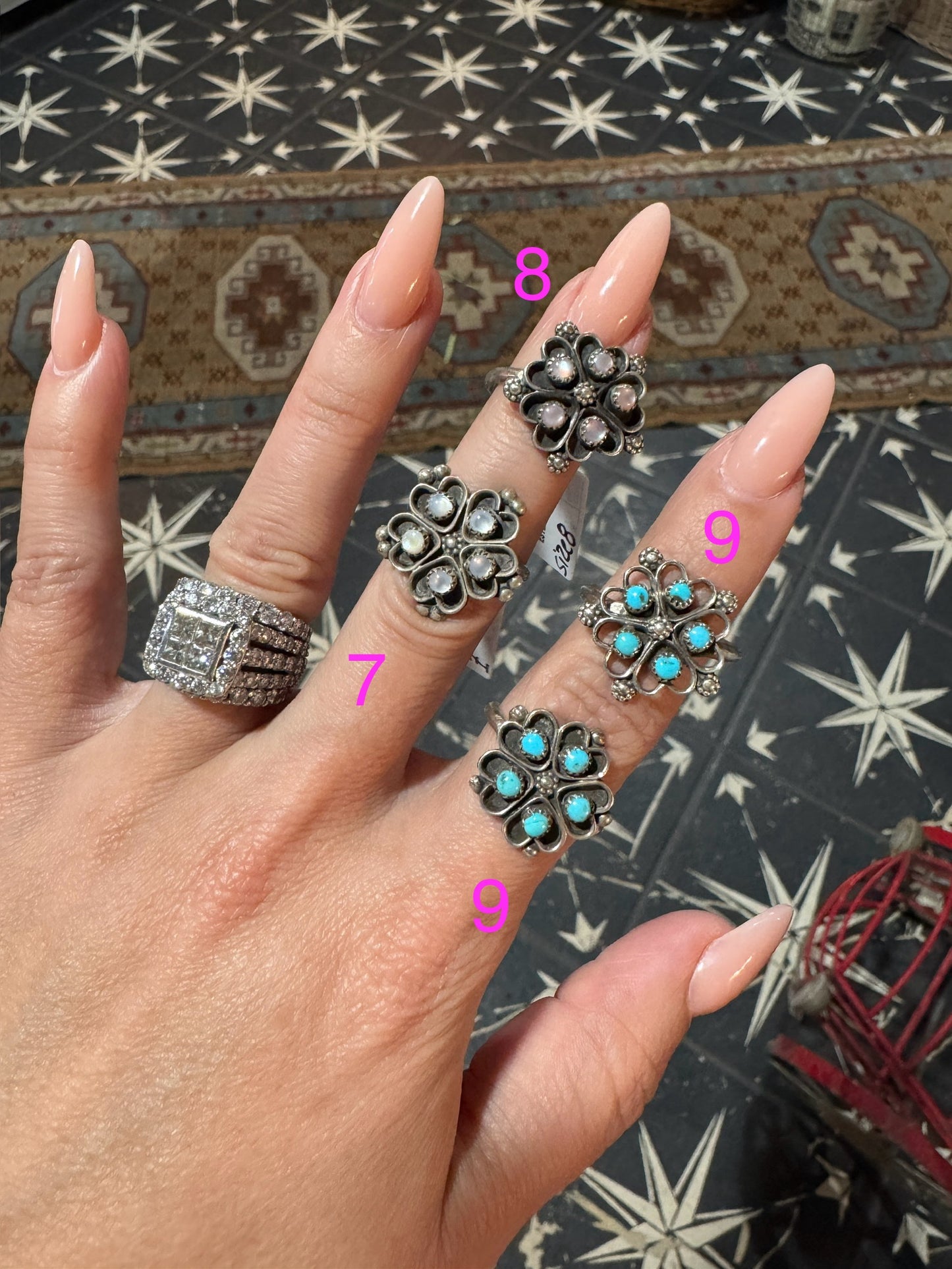 Flower burst rings Mother of Pearl + Turquoise