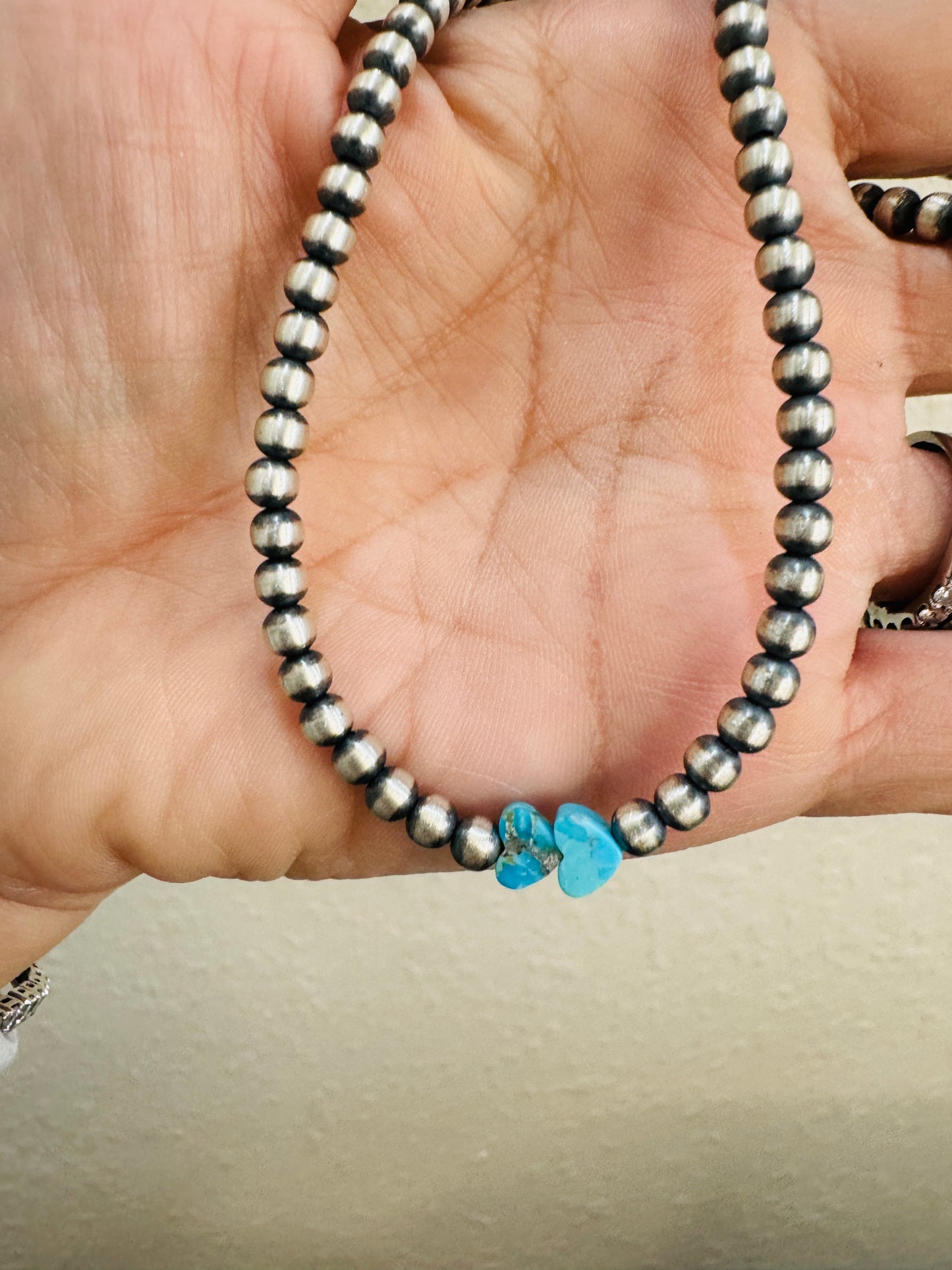4mm 16" Navajo Pearls +Turquoise Hearts