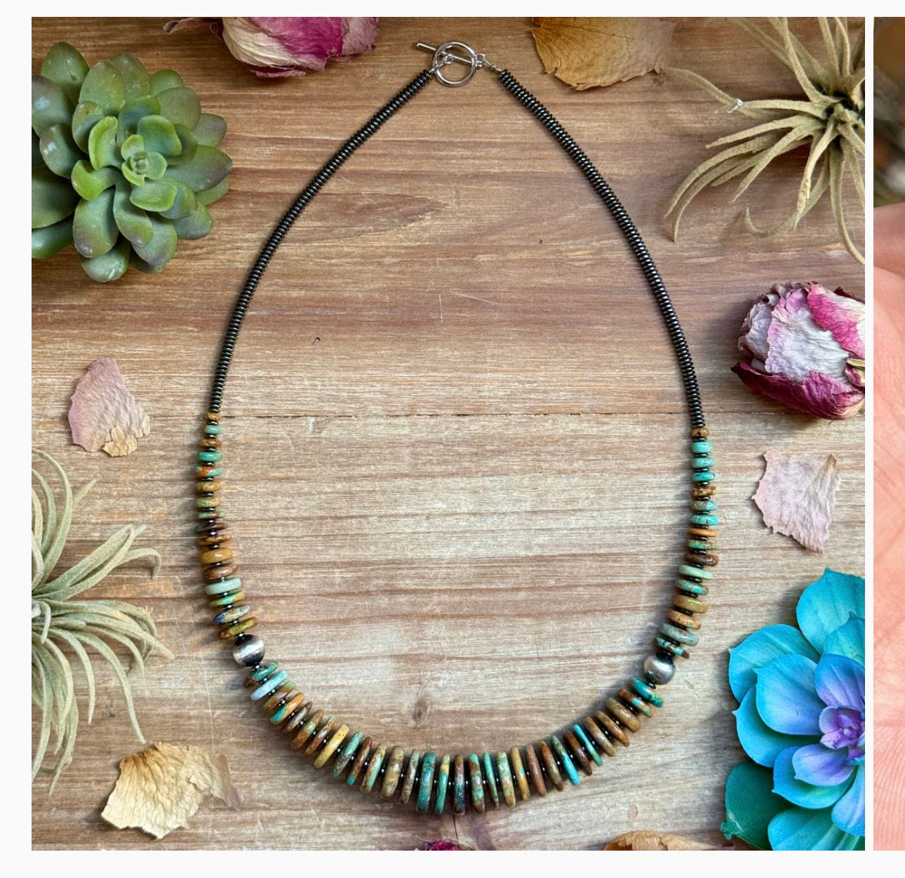 23” Dark Green Turquoise Graduated Necklace – Sterling Silver & Hematite