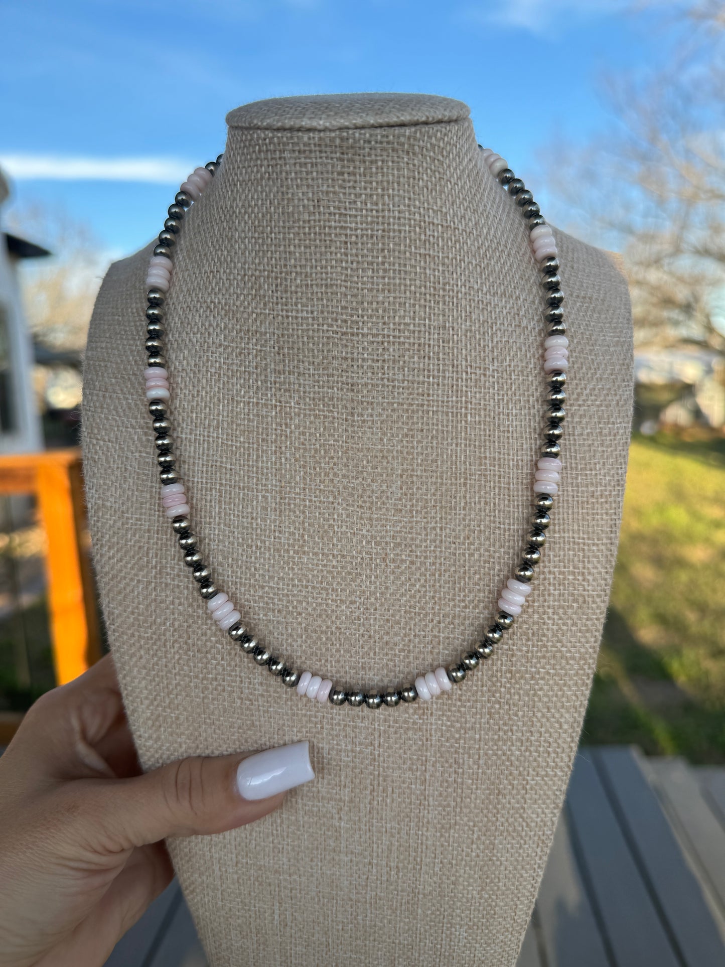 16” 5mm Navajo Pearls + Pink Conch