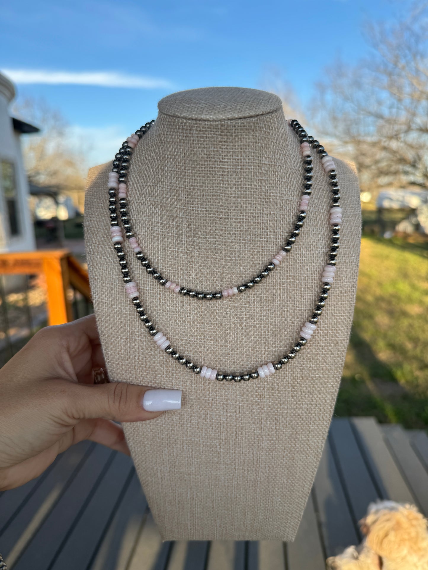16” 5mm Navajo Pearls + Pink Conch