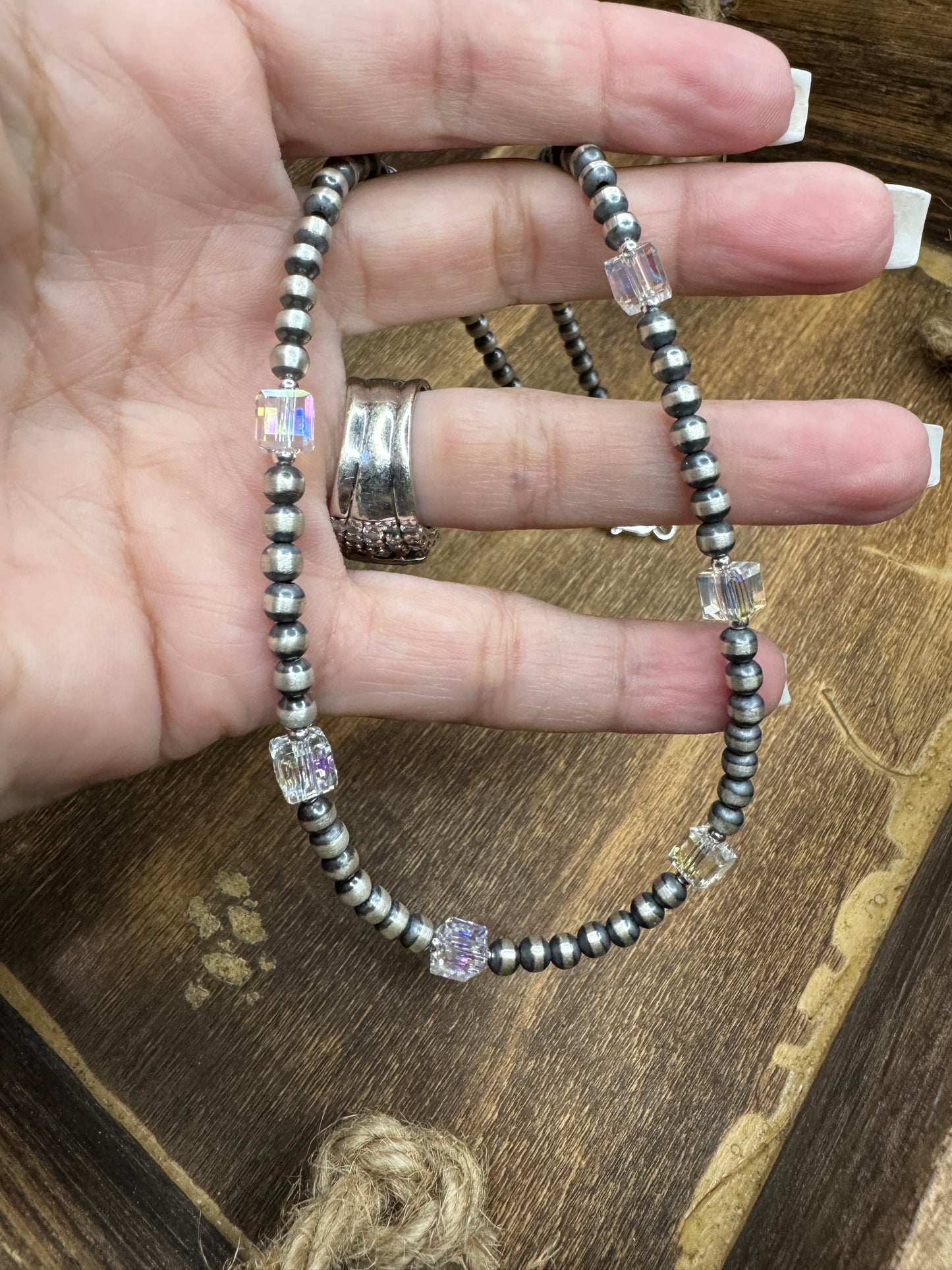 The Emily Navajo Pearl iridescent glass crystal cube 4mm 18” necklace