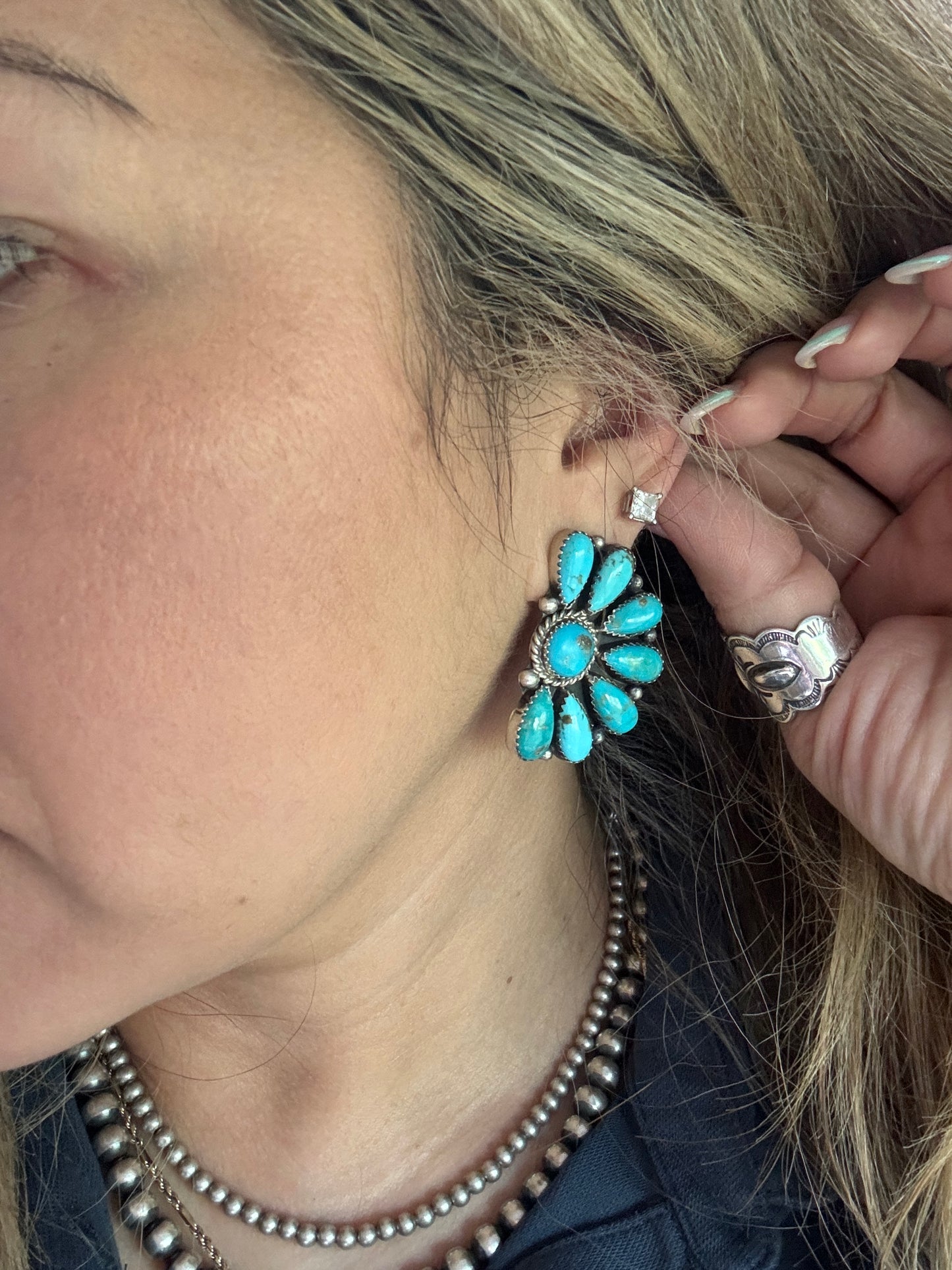 Turquoise 1.5” Half Cluster Earrings - Native American Made