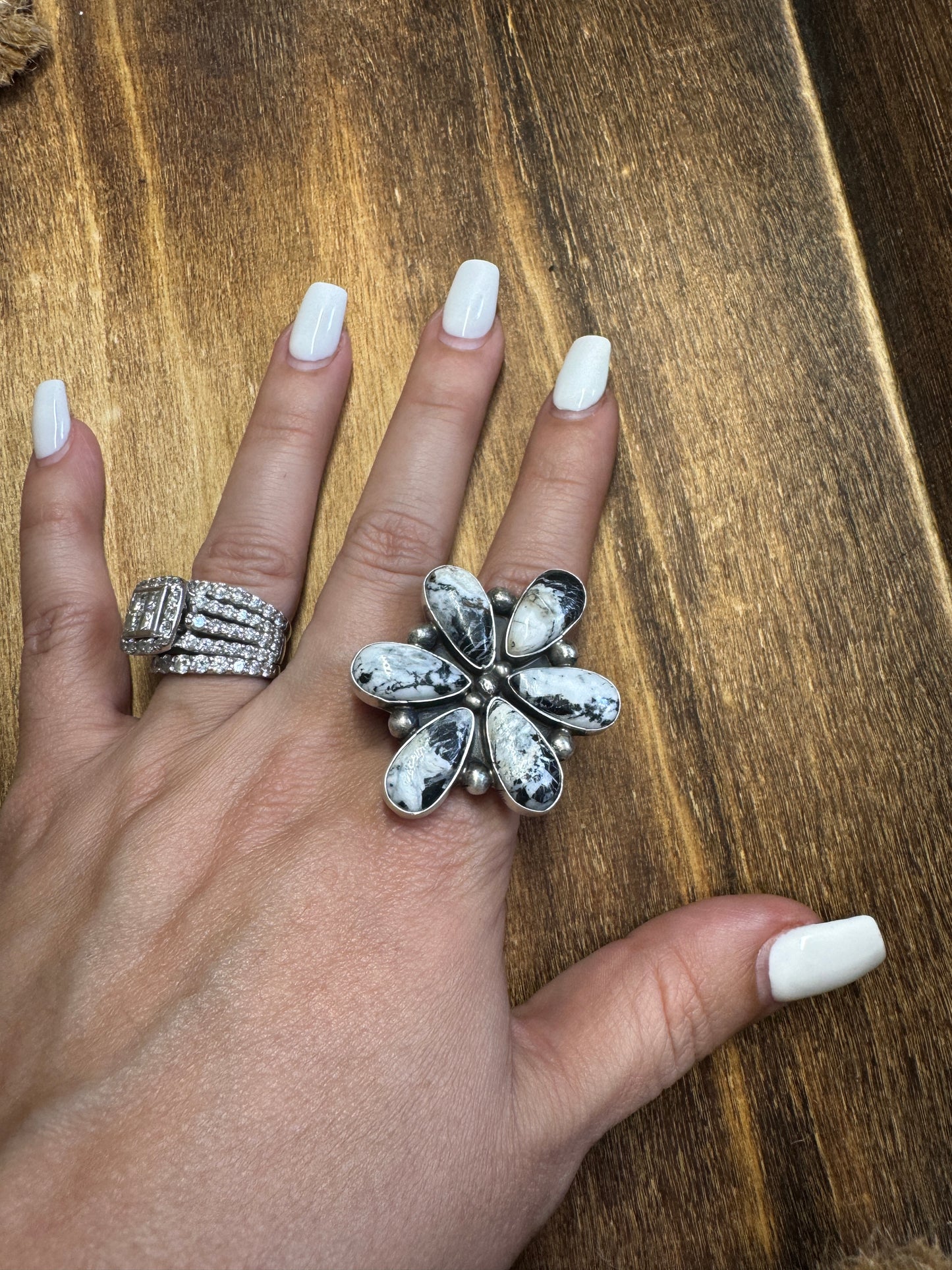 White Buffalo cluster adjustable ring