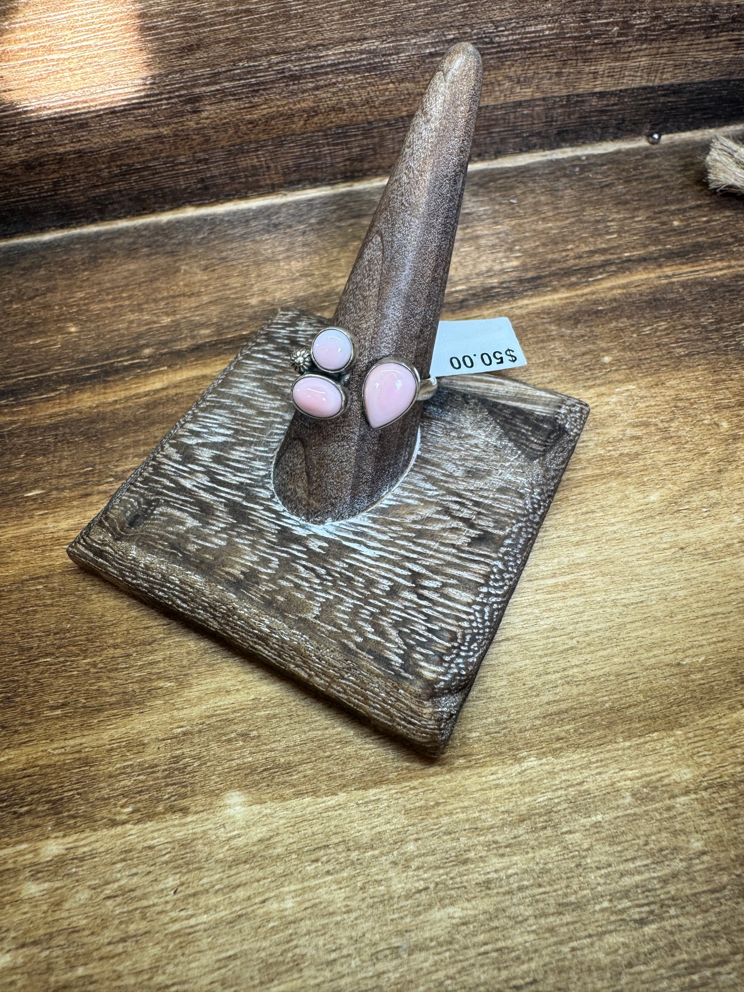 Pink Conch 3 stone cluster adjustable ring