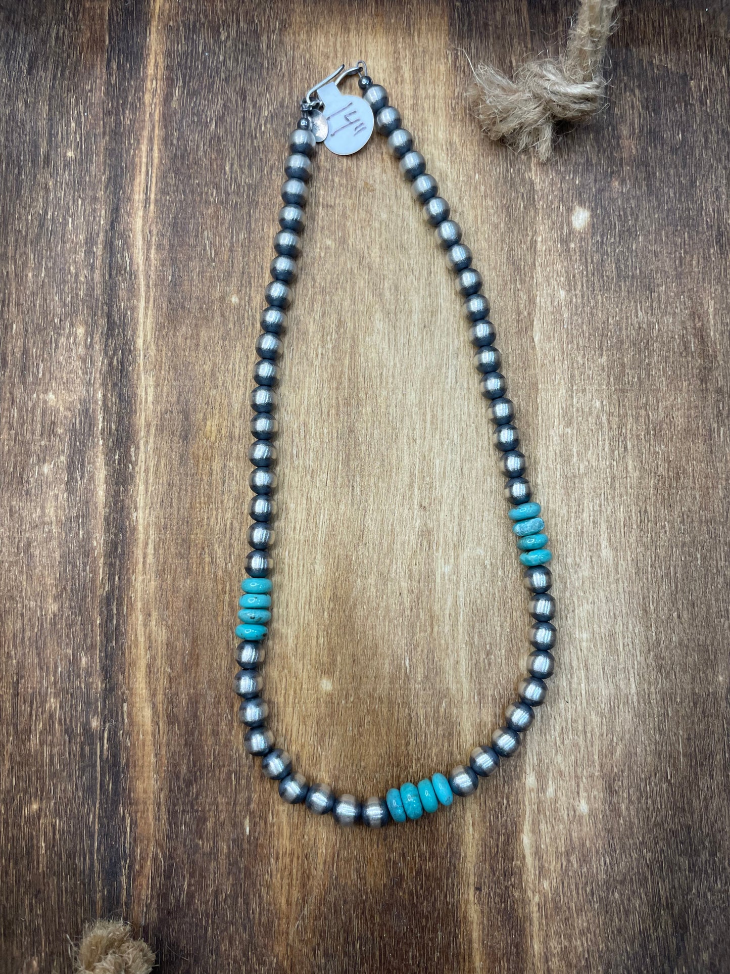 14” rondell Turquoise with 6mm Navajo Style Sterling Pearls Necklace