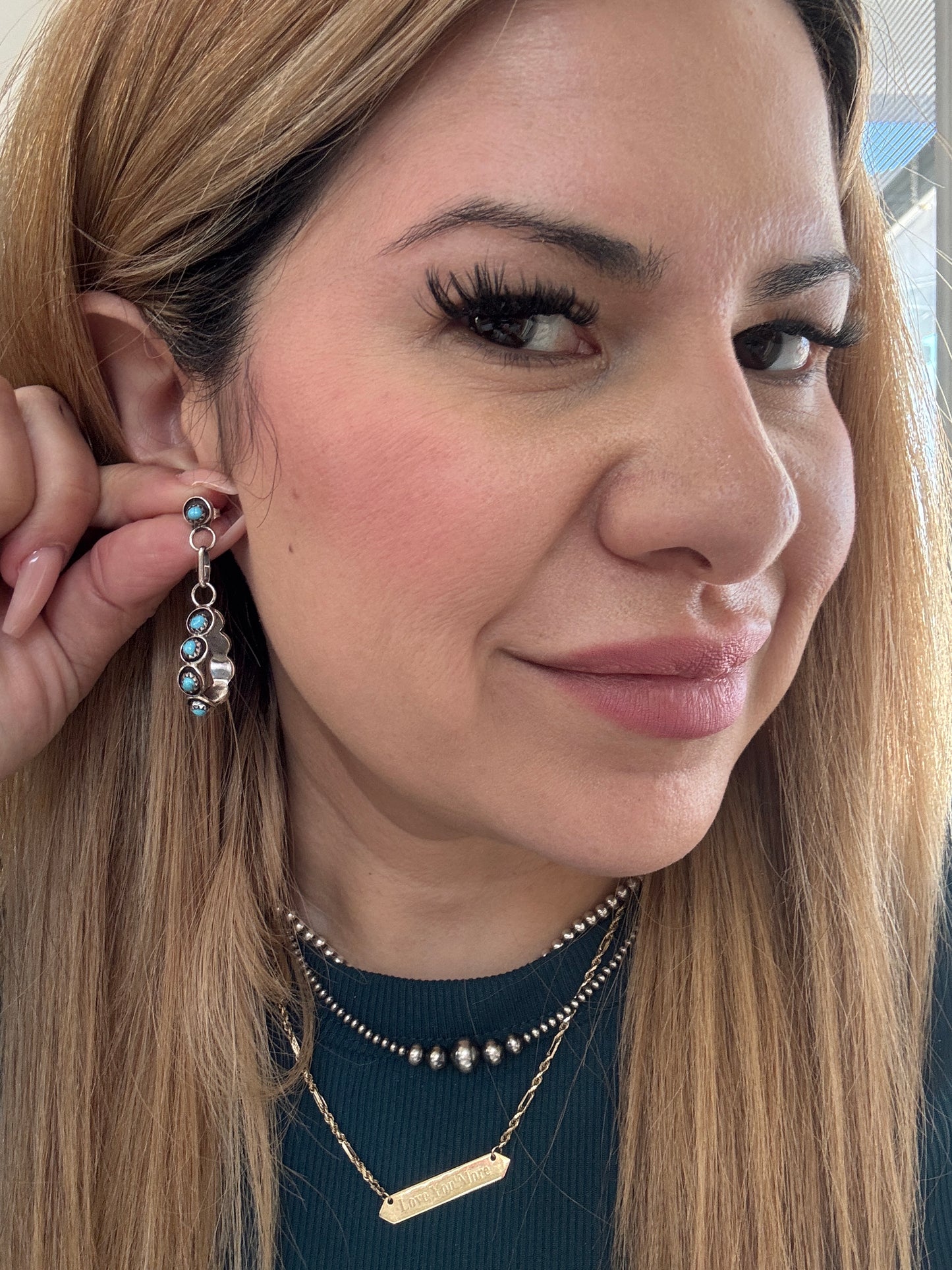 Post Zuni Handmade Kingman Turquoise Teardrop Hoops 1.5"