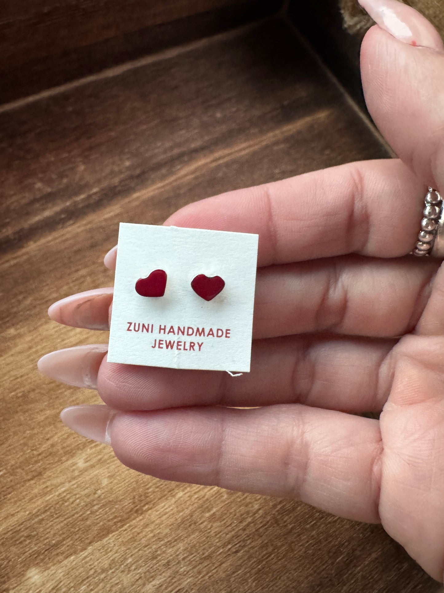 Zuni Handmade Heart Red Coral Studs