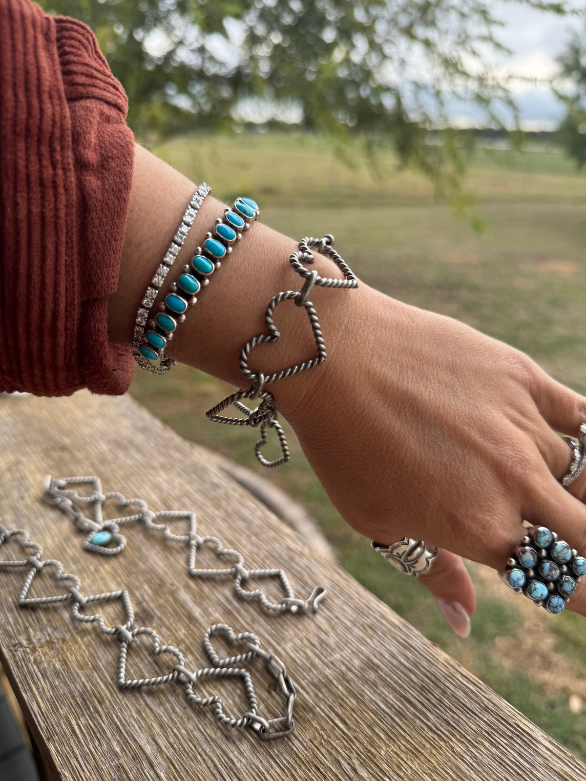 Sterling 5 Heart Bracelet 6.5"-9.5" No Turquoise