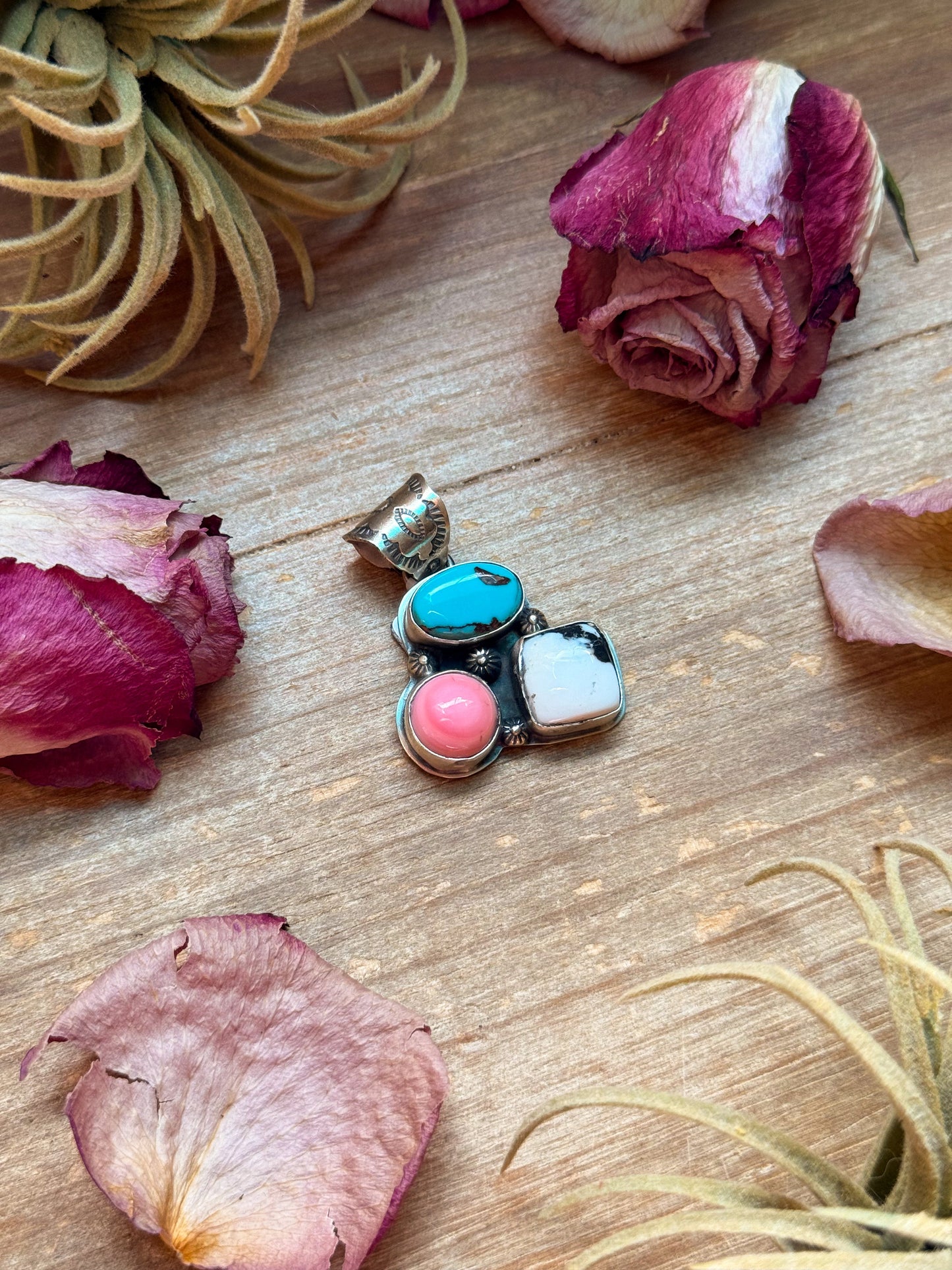 Kingman Turquoise, Pink Conch & White Buffalo Sterling Silver Pendant