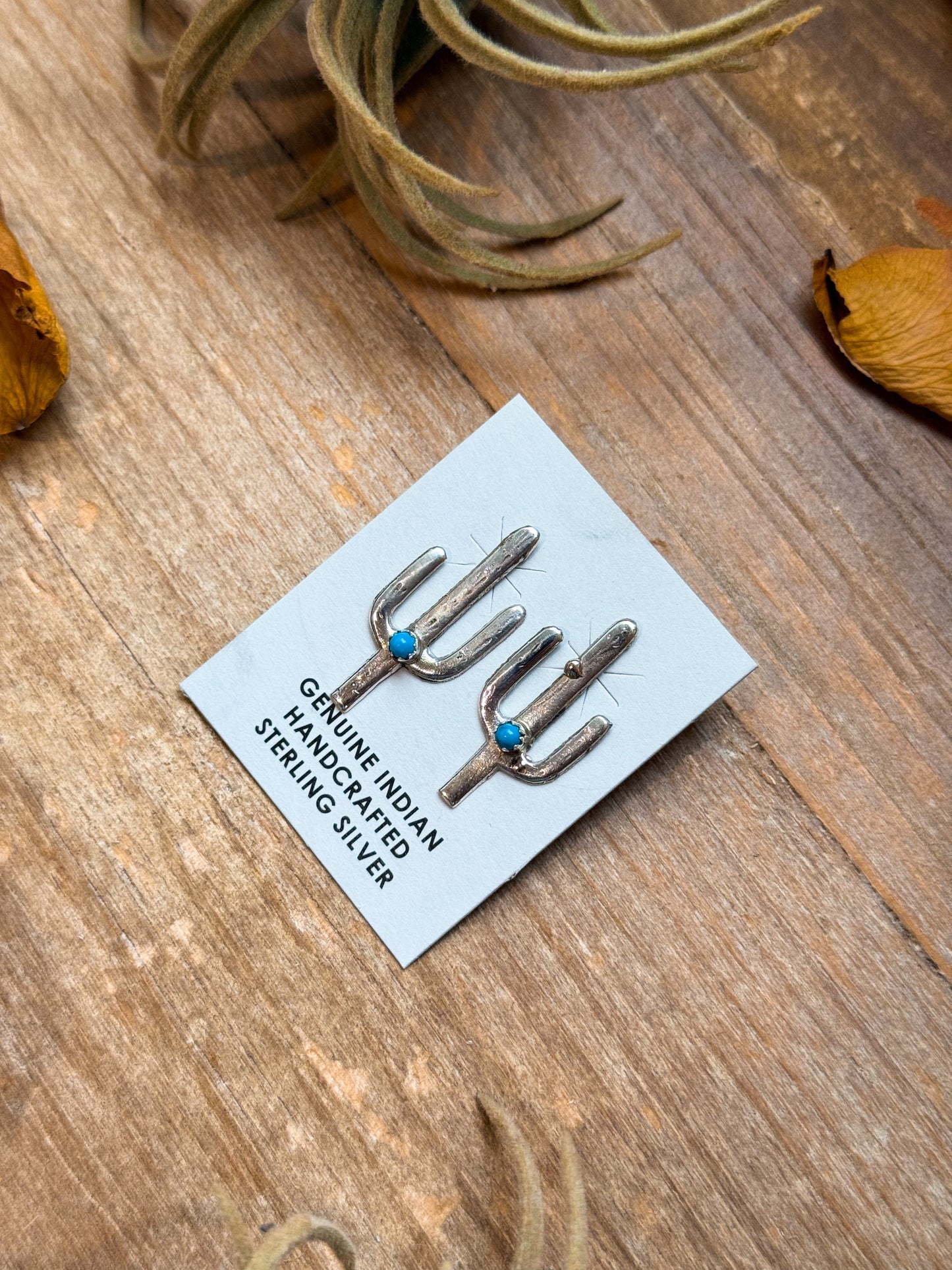 Sterling Silver Cactus Stud Earrings with Kingman Turquoise