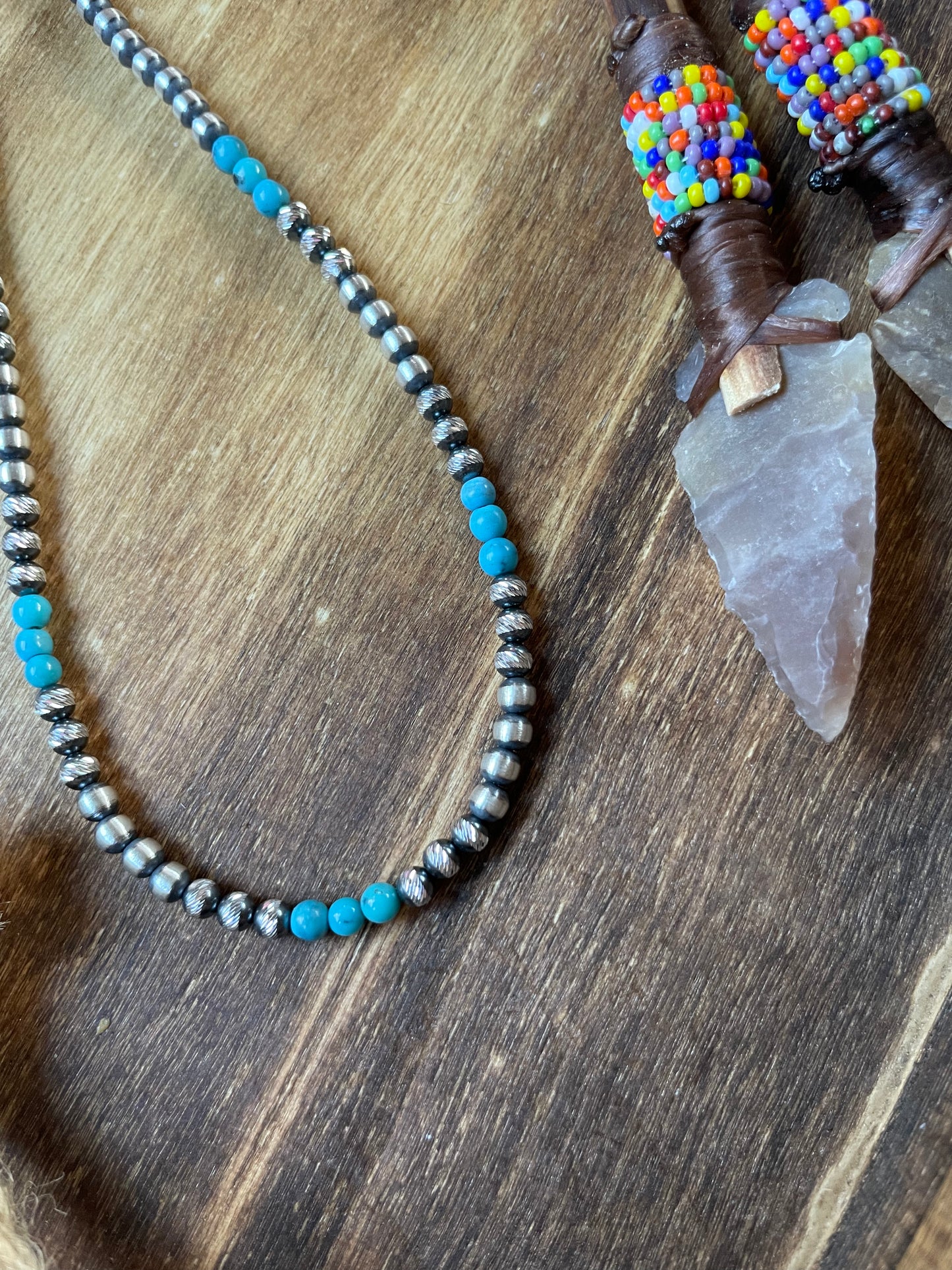 Diamond cut 4mm pearls necklace with campitos turquoise