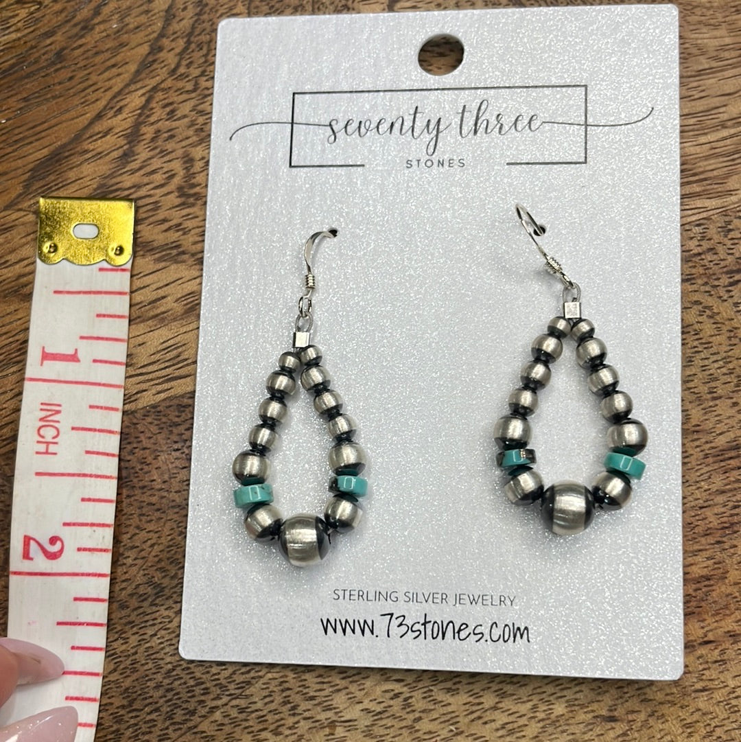 4mm 5mm teardrop Navajo Pearl earrings with Turquoise 1.75"