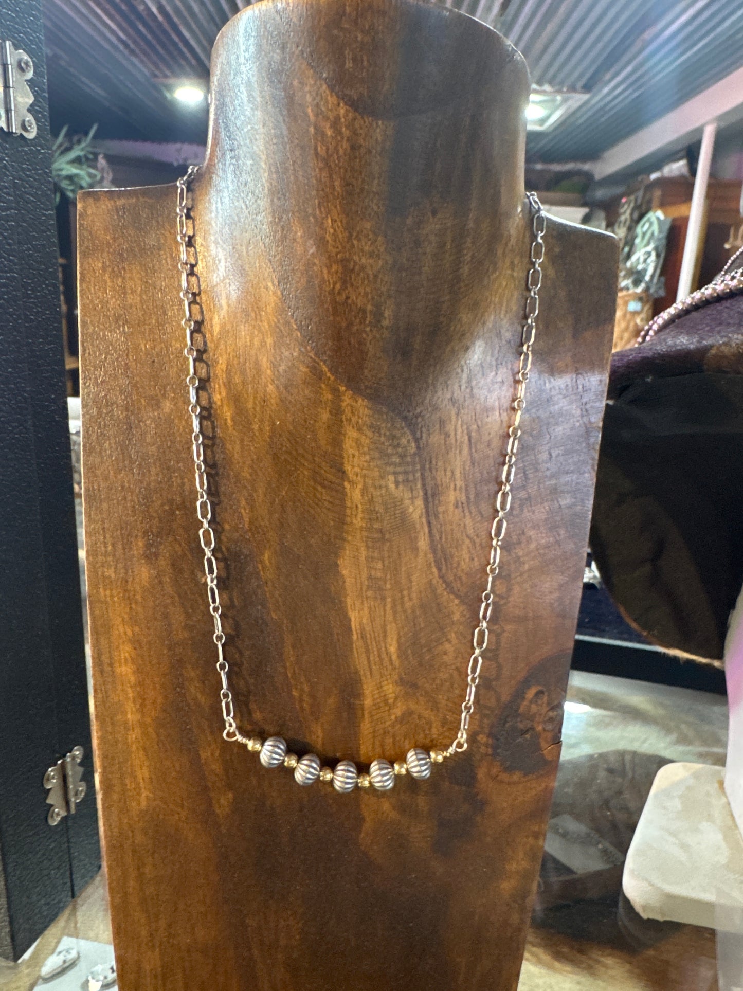 Sterling + 14k gold filled bar necklace scallop pearls on chain