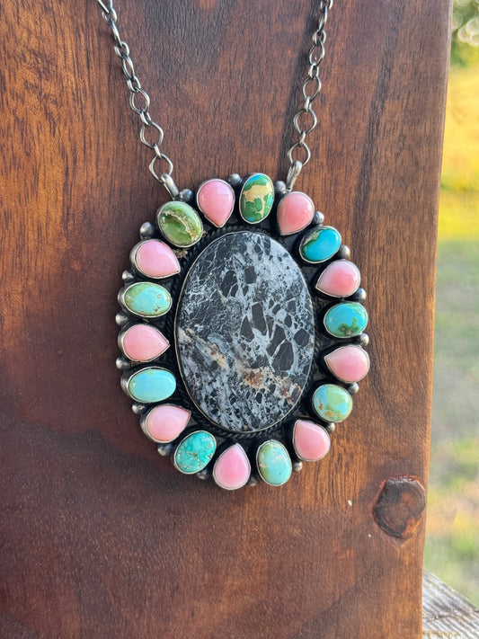 Multi White Buffalo, Sonoran Turquoise Pink Conch Cluster Pendant Necklace