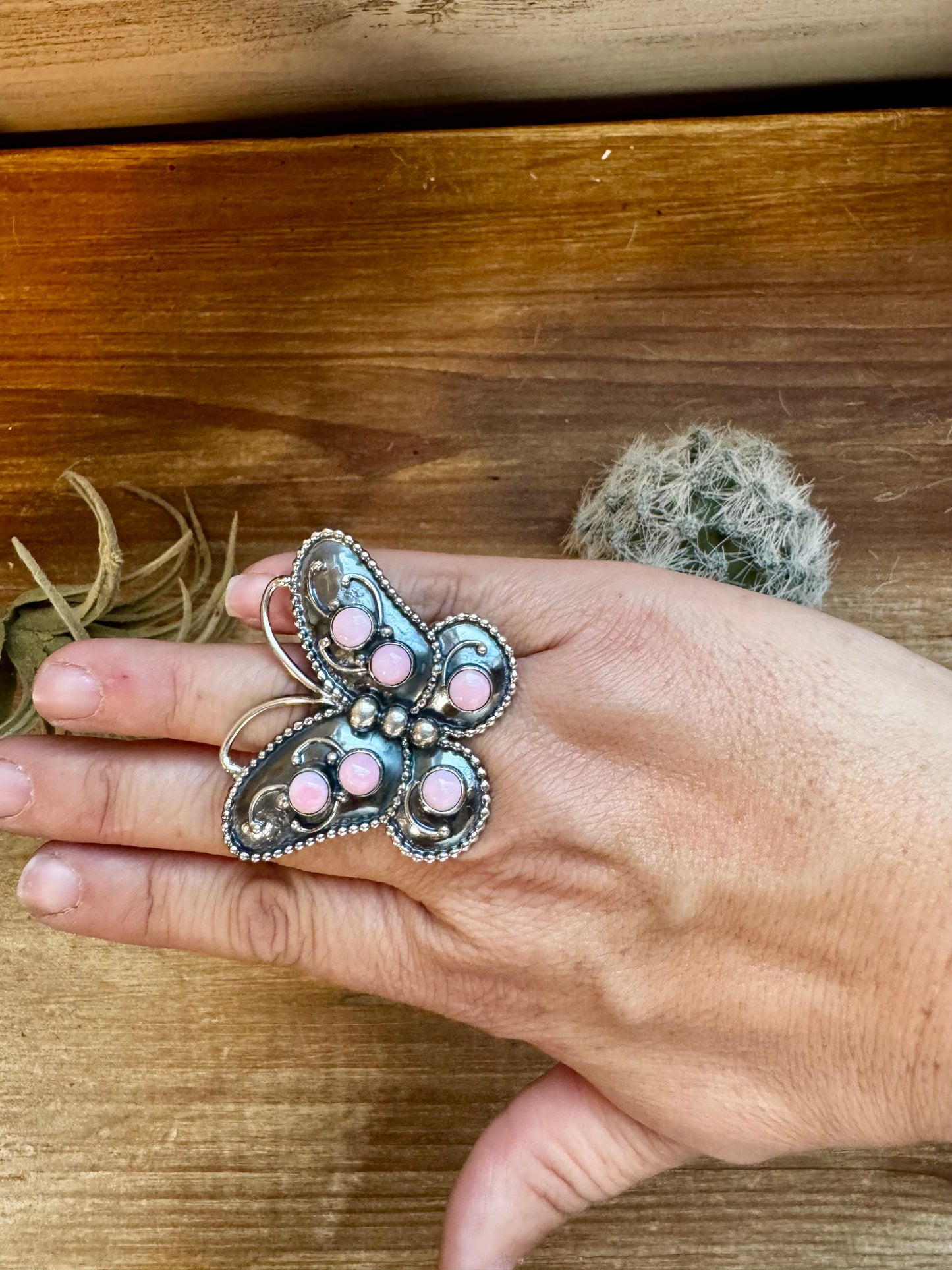 Butterfly ring -size 7.5 - pink conch and sterling silver