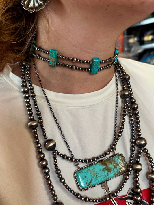 TURQUOISE Double Strand Necklace – 13” Beaded – Sterling Silver Pearls & Rectangle Variscite