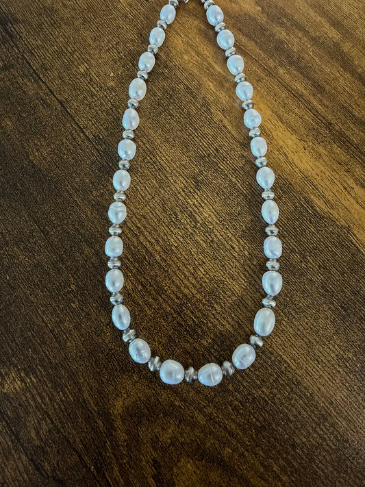 Freshwater Pearl & 5mm Sterling Silver Pearl Necklace 