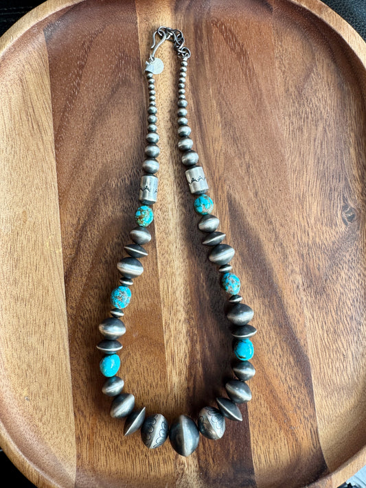 Rose Martin Navajo Handmade Pearls and Turquoise Necklace 20"