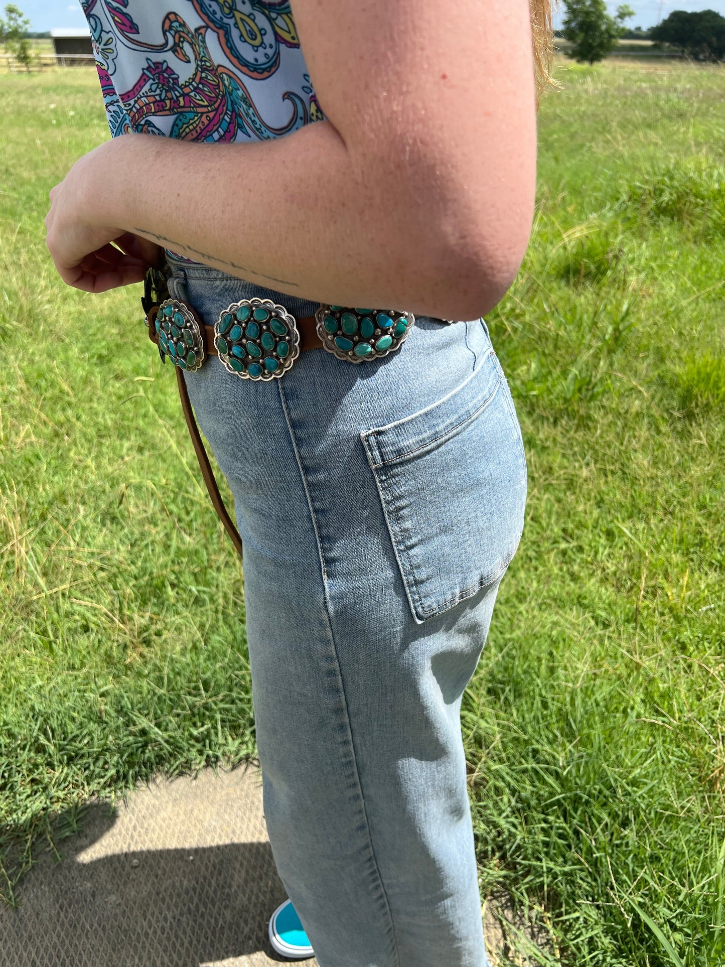 Turquoise Concho Belt – Sterling Silver – Native Made DM – One of a Kind