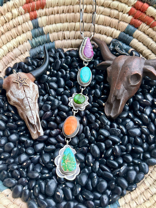 Multicolor five stone drop lariat necklace ￼