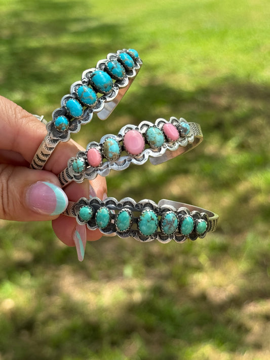 7 stone Turquoise +Pink Conch Cuff
