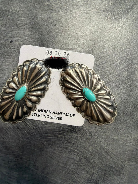 Rita Lee Navajo Hand Stamped Sterling Silver & Turquoise Long Concho Post Earrings