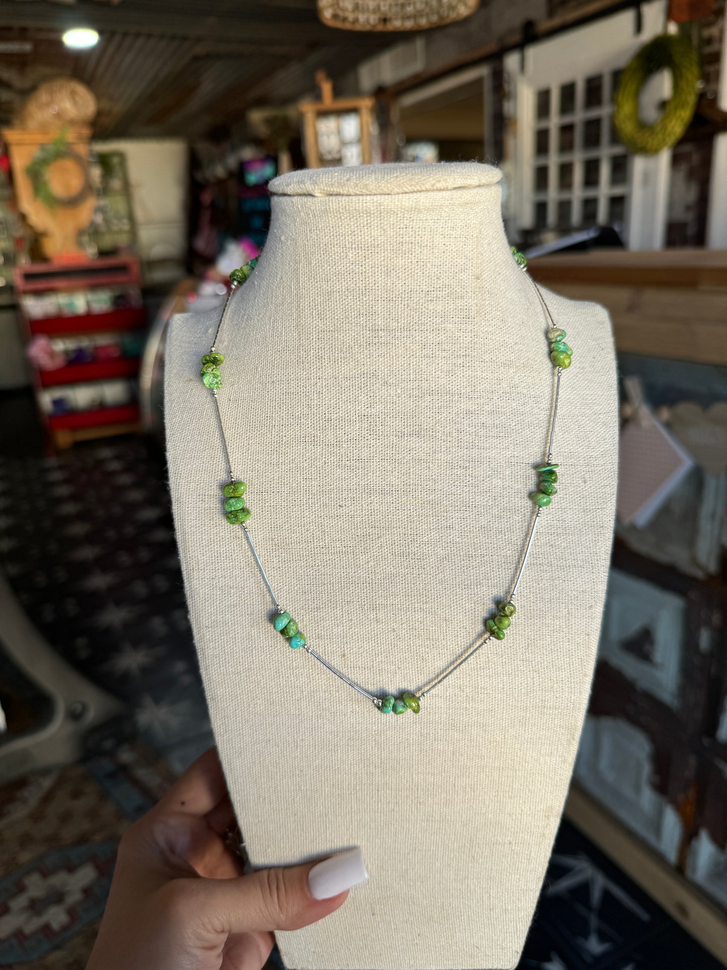 Liquid Silver Necklace - 20" -Green Turquoise