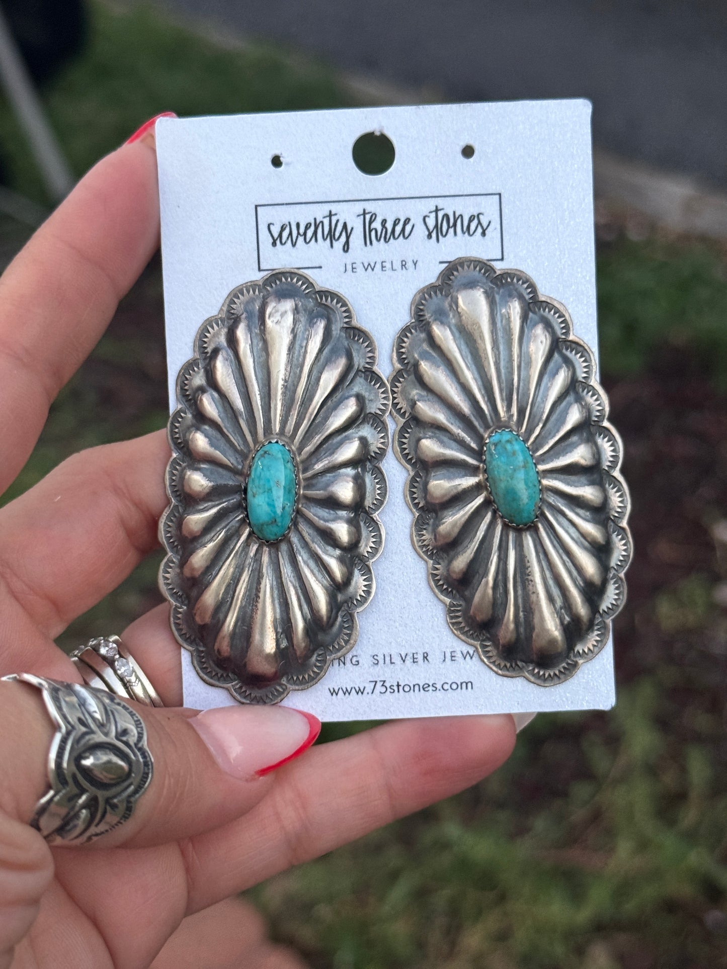 Rita Lee Navajo Hand Stamped Sterling Silver & Turquoise Long Concho Post Earrings pair 2