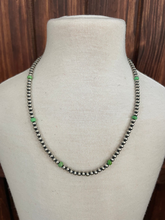 4mm Navajo Pearl Necklace with Green Turquoise 18"