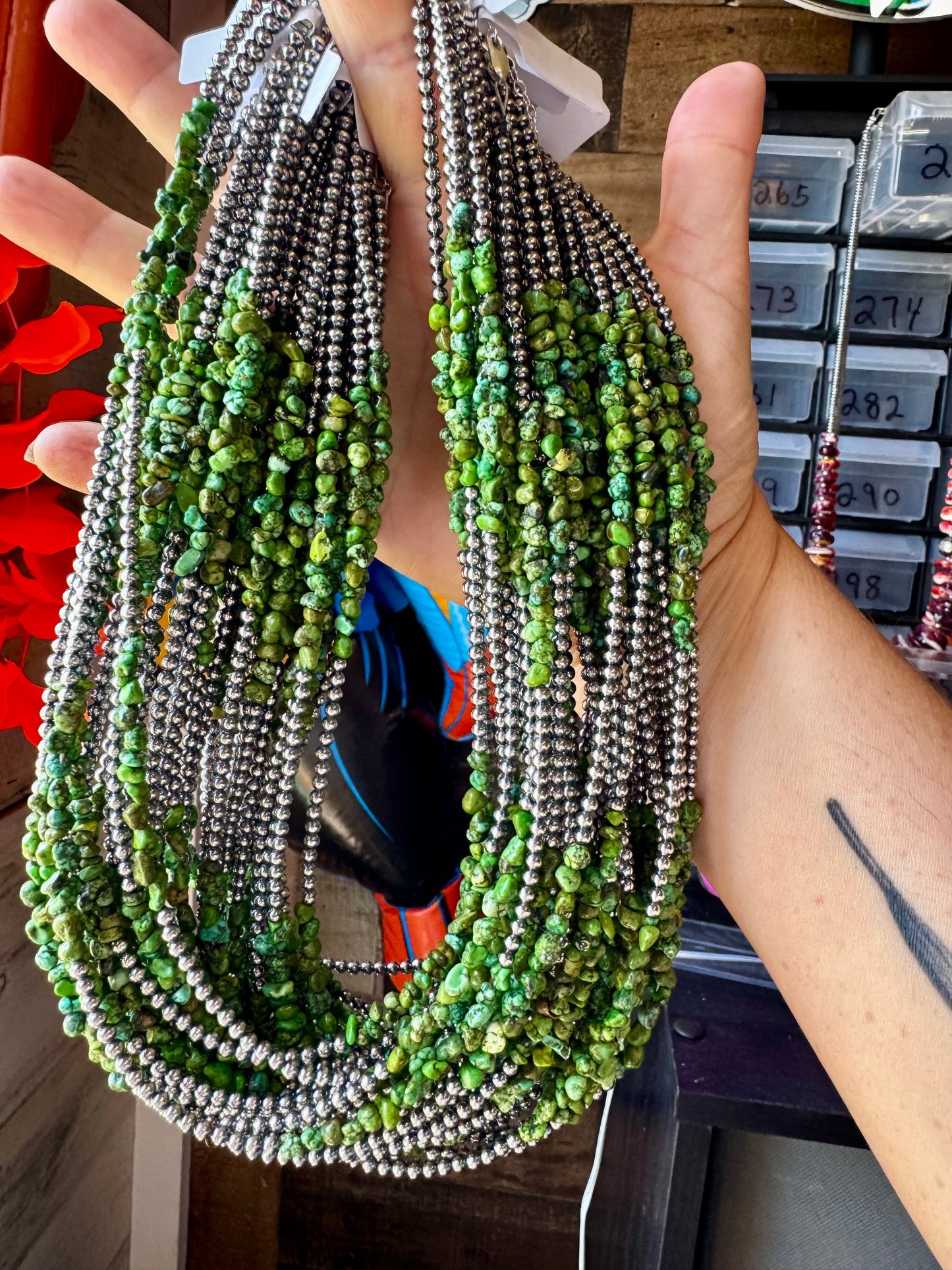 19” Necklace – Sterling Silver Pearls & Bright Green Nugget Turquoise