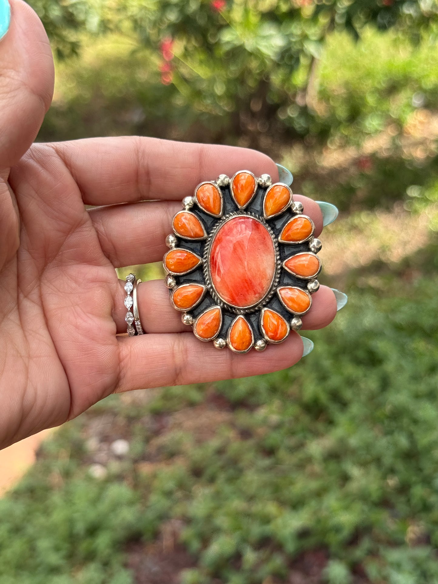 Orange and Red Spiny Oyster Cluster Ring Size 6