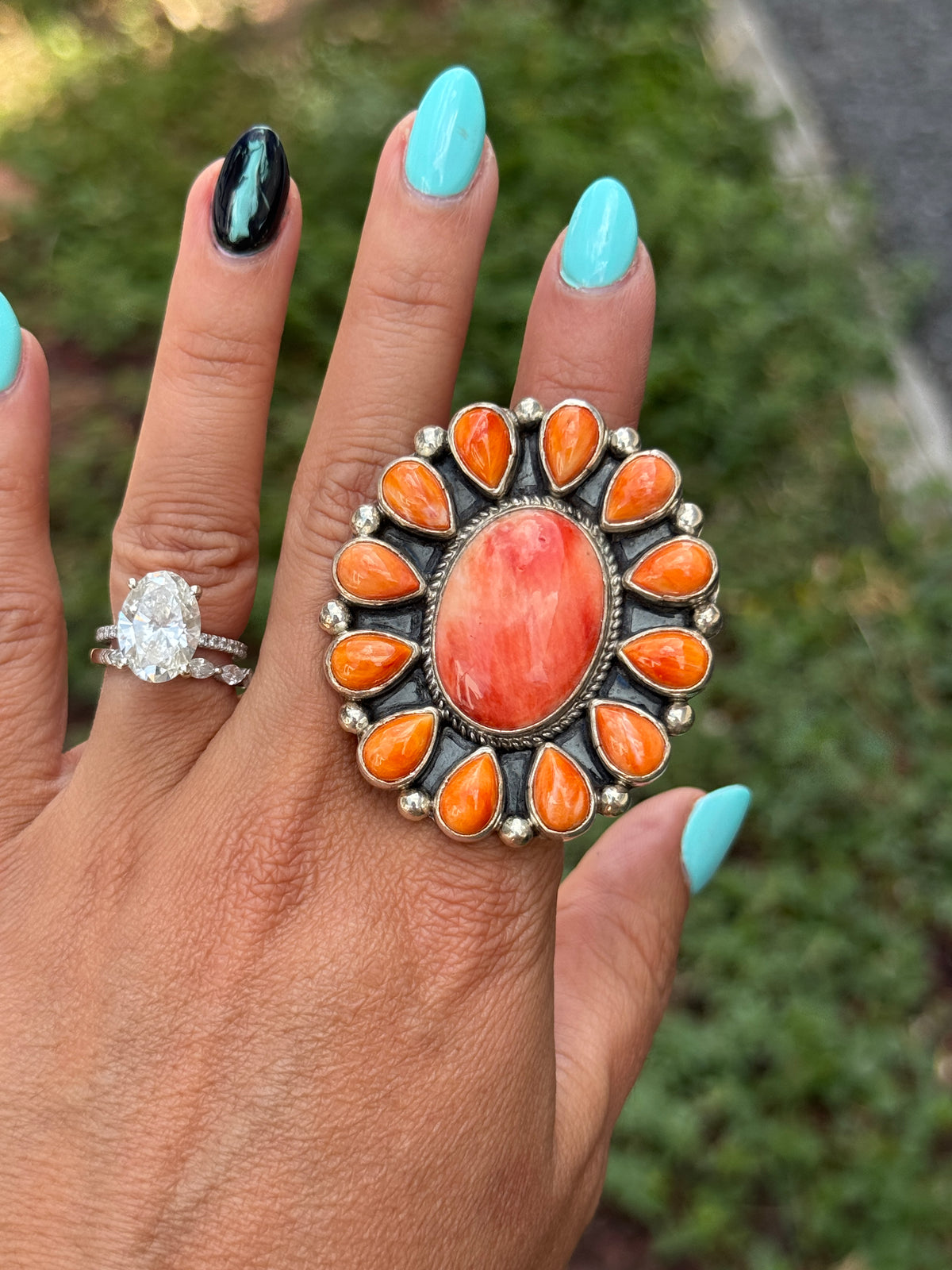 Orange and Red Spiny Oyster Cluster Ring Size 6