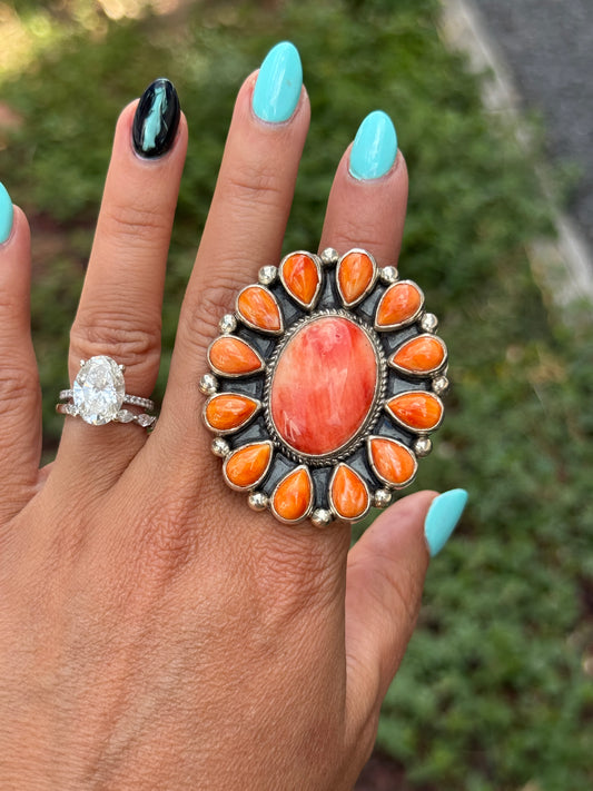 Orange and Red Spiny Oyster Cluster Ring Size 6