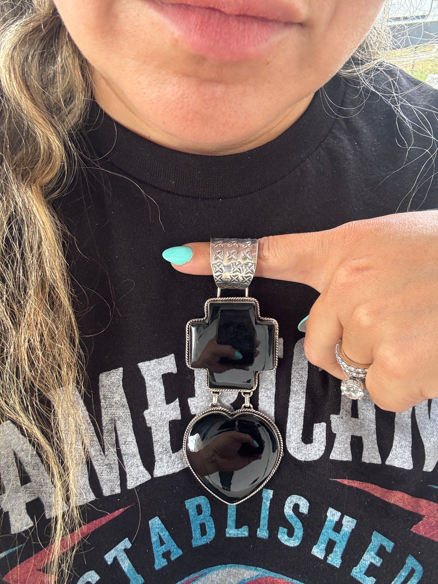 Black Onyx Cross Heart Pendant 4 3/4"