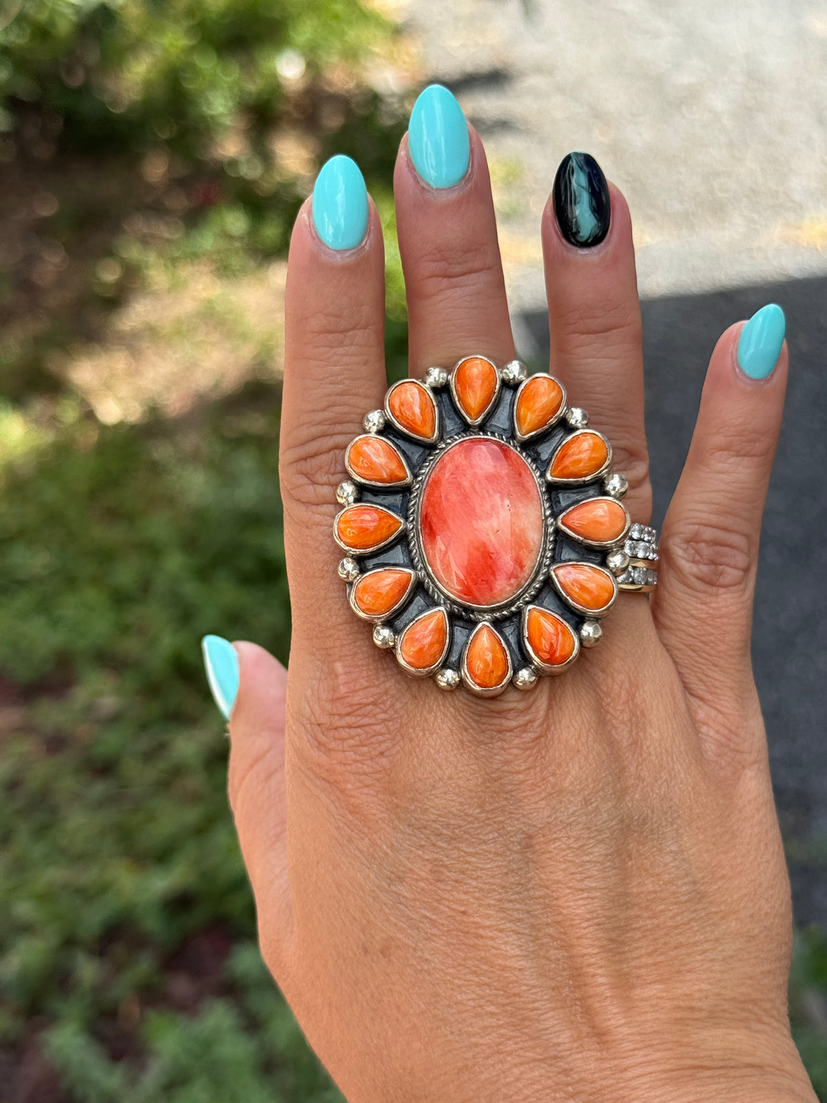 Orange and Red Spiny Oyster Cluster Ring Size 6