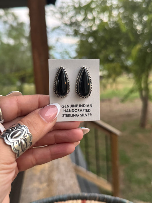 Black Onyx Teardrop Stud Earrings by Chasity Belone,