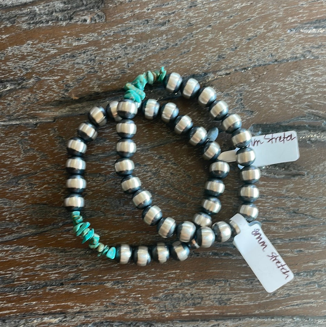 8mm Navajo Pearl Stretch Bracelet w Turquoise