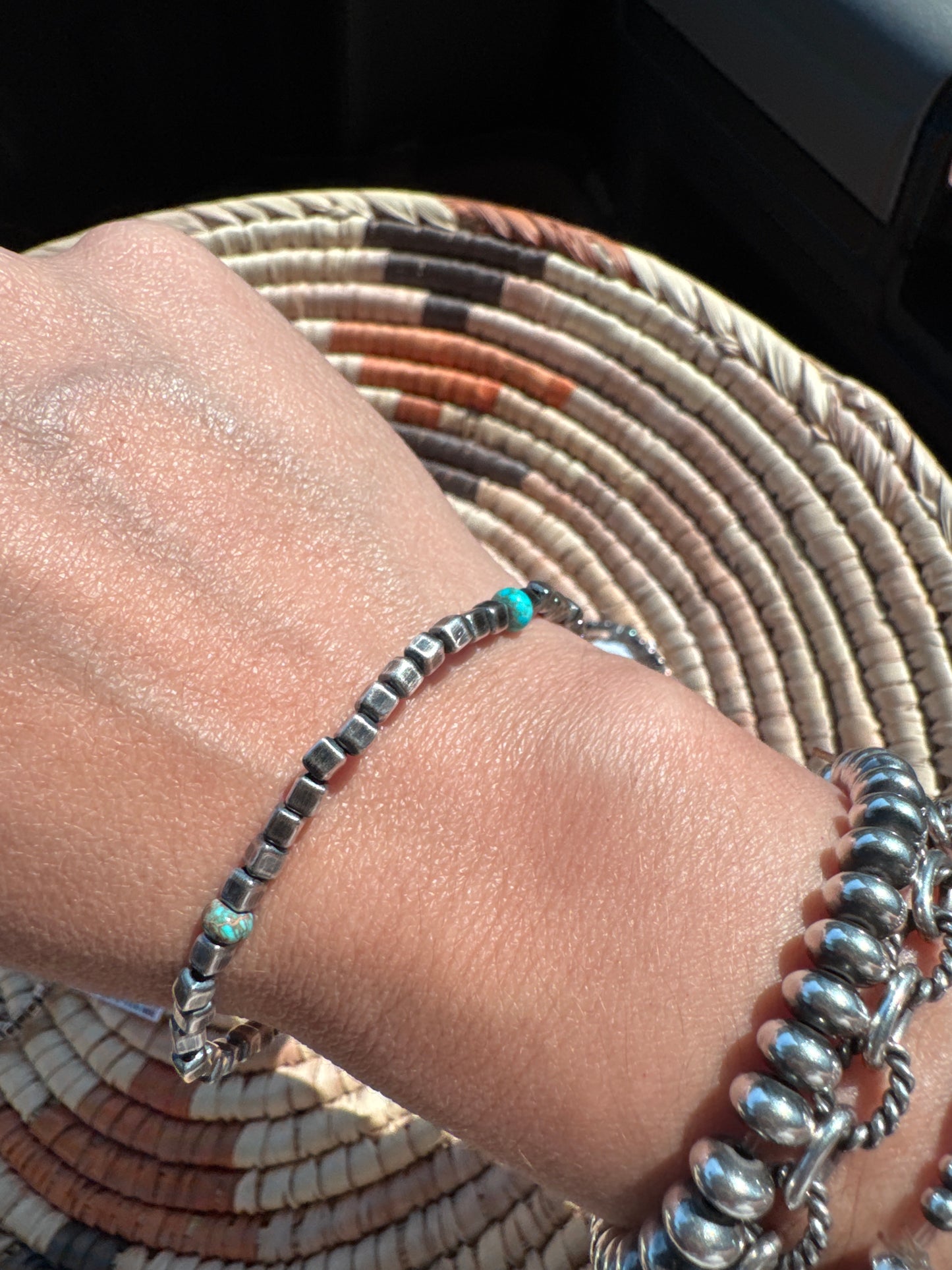 3mm Navajo Style Box Sterling Pearl + Turquoise stretch bracelet
