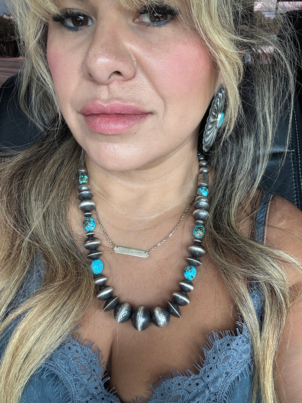 Rose Martin Navajo Handmade Pearls and Turquoise Necklace 20"