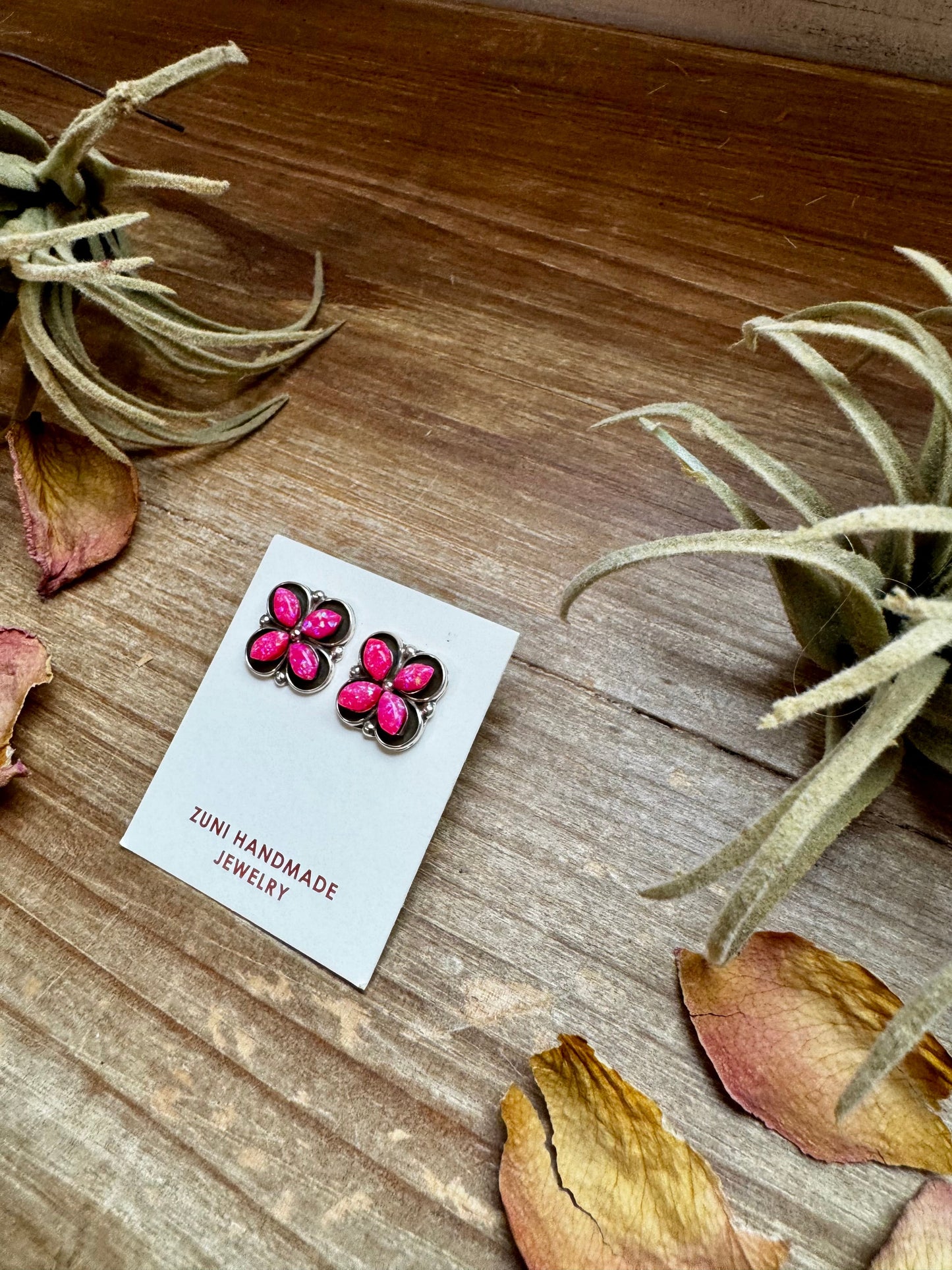 Zuni Stud Earrings – Pink Opal & Sterling Silver