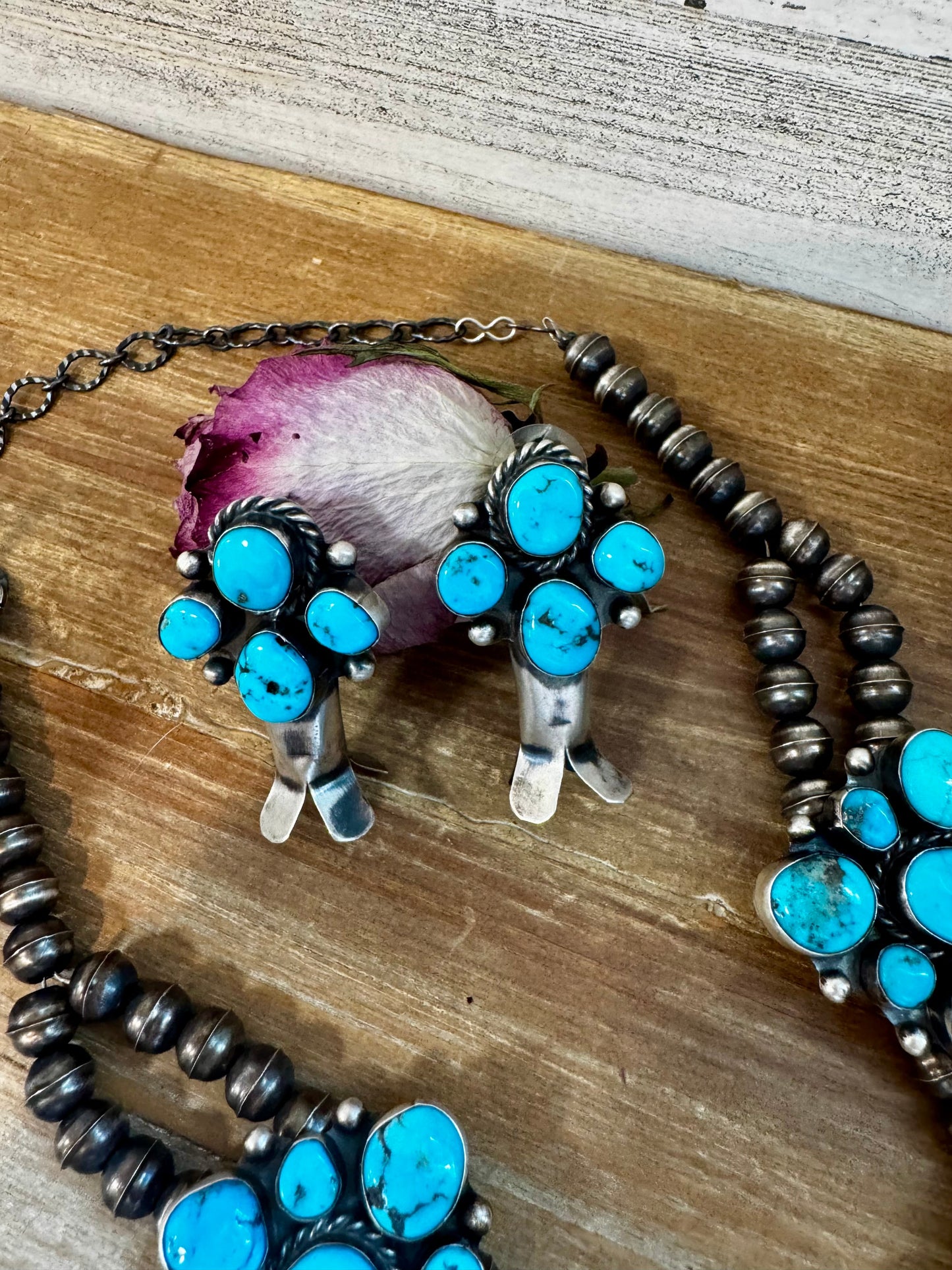 Complete Squash Blossom Set – Kingman Turquoise – Sterling Silver – Navajo Made by Wilson Dawes