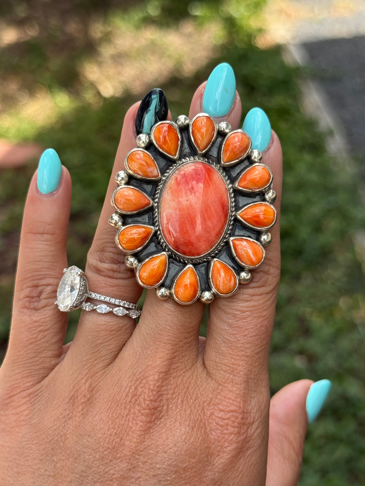 Orange and Red Spiny Oyster Cluster Ring Size 6