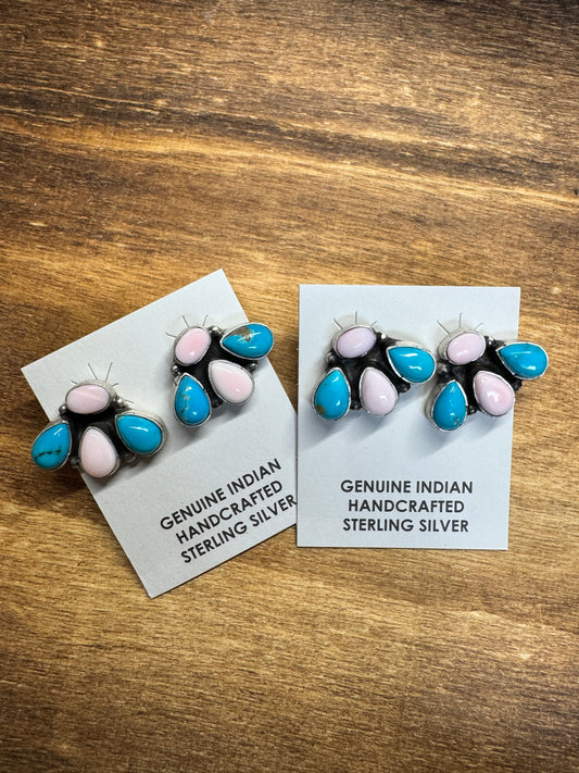 4 Stone Cluster pink conch + Turquoise